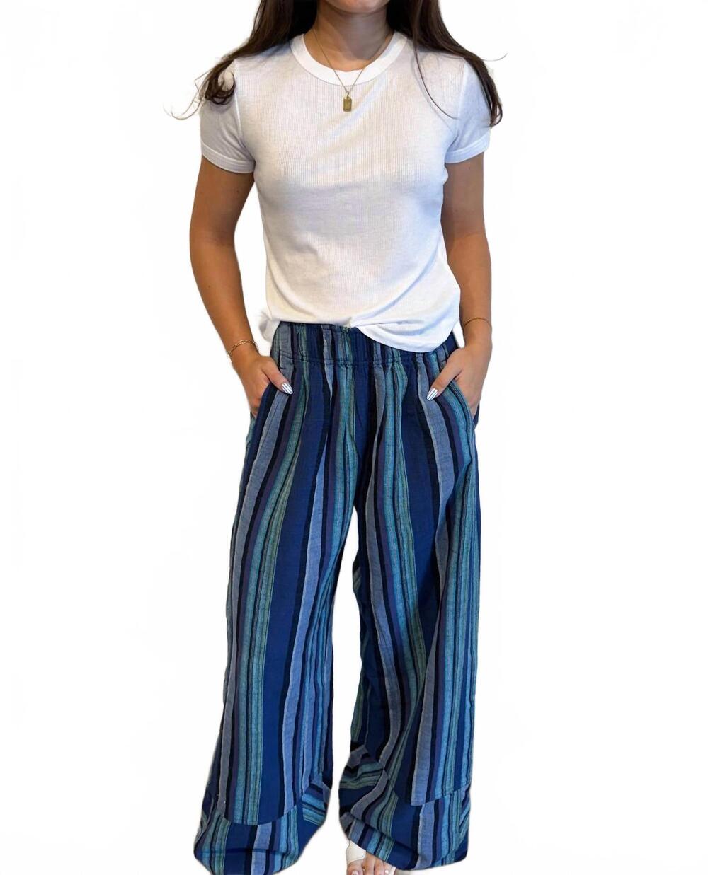NEW FREE PEOPLE days end linen pants in navy combo